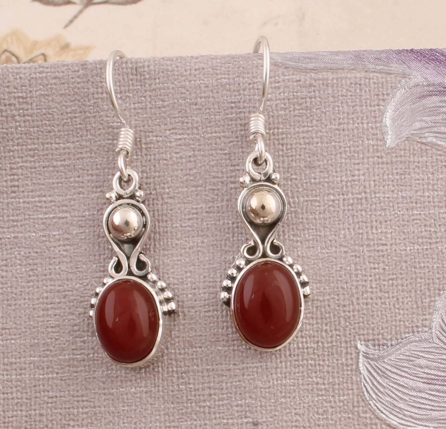 Natural Amazing Red Onyx AAA+Quality Gemstone Earring Cabochon Stone Boho Earring 925- Antique Silver Earring, Wedding Earring Gift For Her