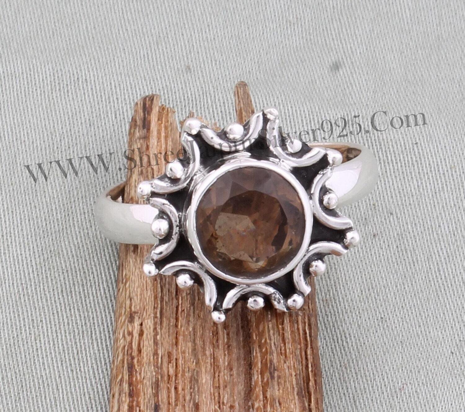 Natural Smoky Quartz Solid 925 Sterling Silver Ring For Women, Designer Handmade Faceted Cut Round Gemstone Solid Silver Ring For Women Gift