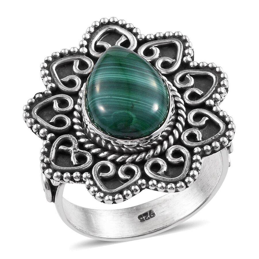 Charm Ring Solid 925-Sterling Silver Ring With Natural Malachite Gemstone Ring Top Rare Stone Boho Ring Handcrafted Girls Middle Finger Ring