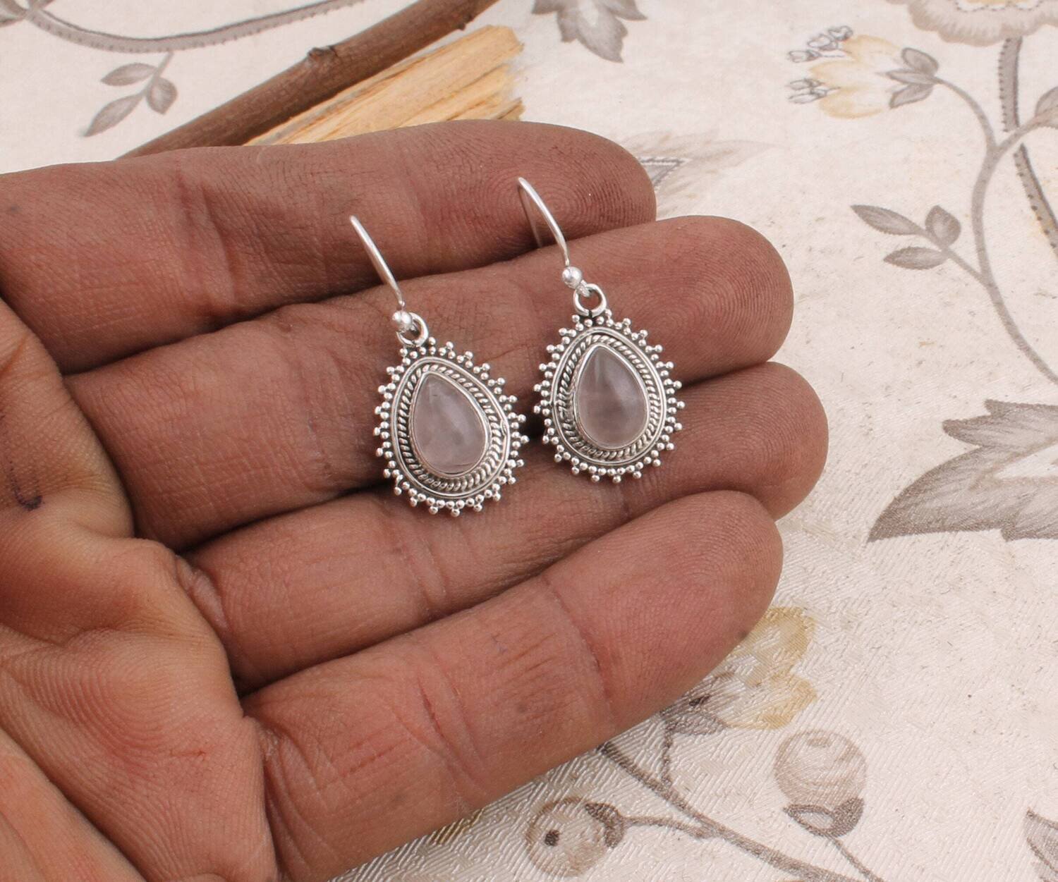 Amazing Rose Quartz AAA+Quality Gemstone Earring Cabochon Stone Boho Earring 925-Sterling Solid Silver Earring HandmadeCyber2021Birthstone