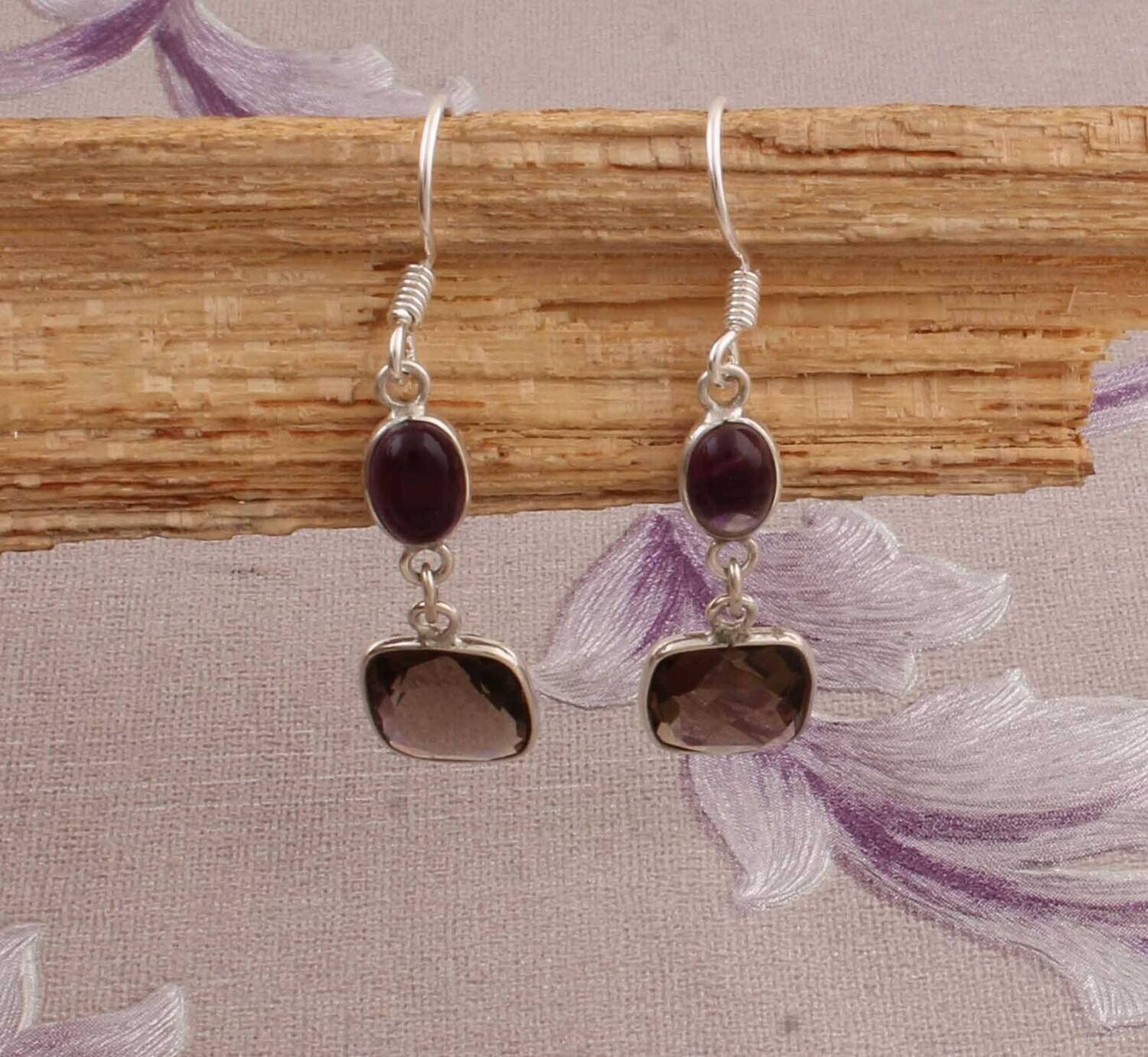 Combo Gemstone Earring Smokey+Amethyst Gemstone Earring 925-Sterling Silver Earring Big Size Earring Gift For Her EarringCyber2021Birthstone