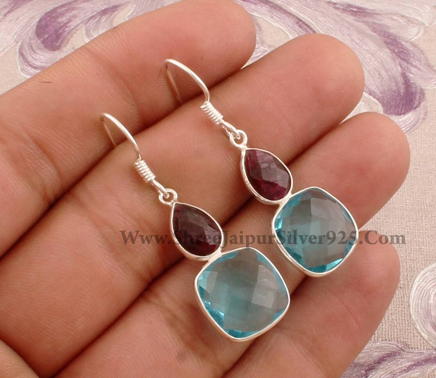 Combo Gemstone Earring Blue Topaz+Ruby Gemstone Earring 925-Sterling Silver Earring Big Size Two Stone Earring Long Gift EarringCyber2021