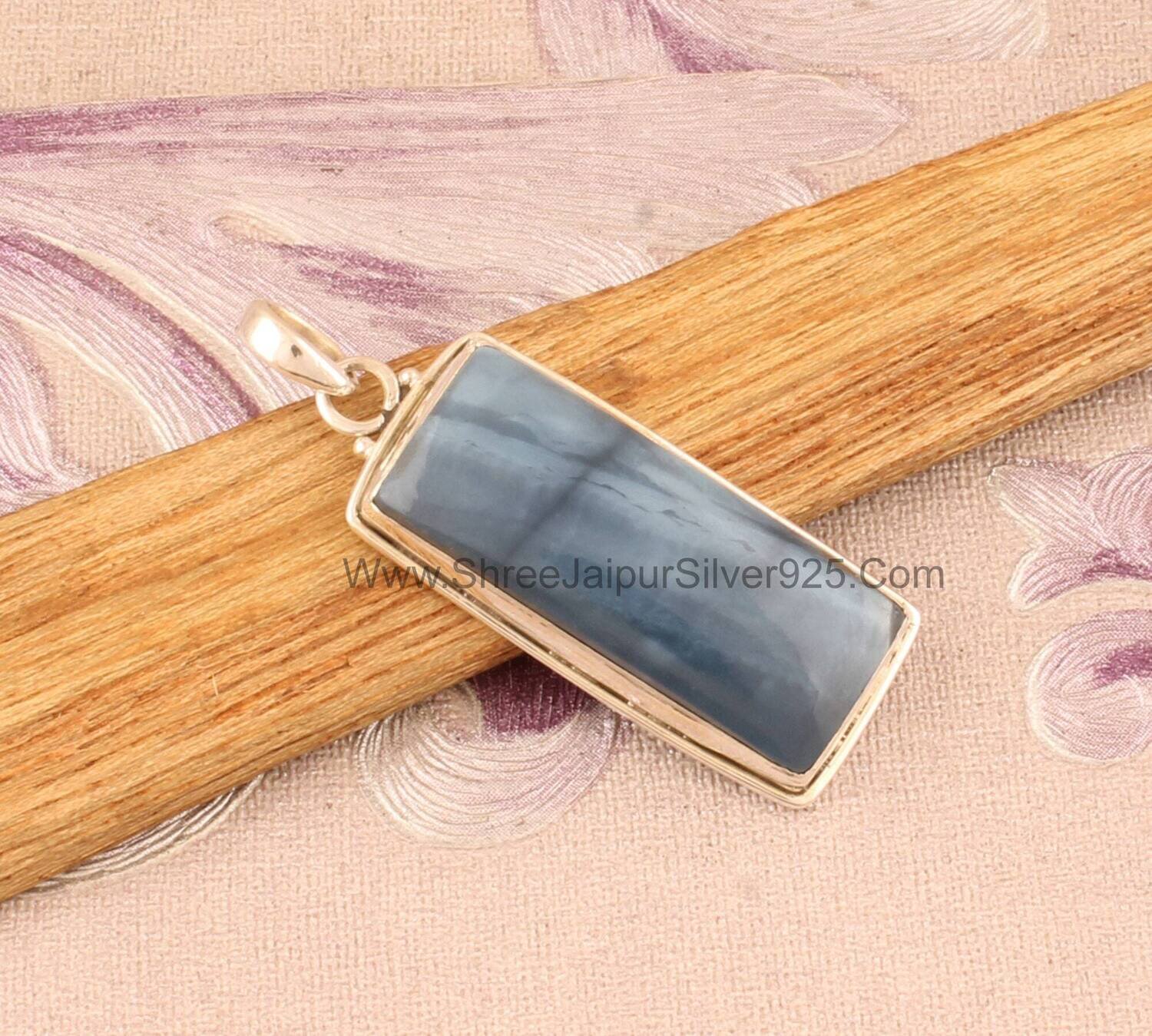 Natural Blue Opal Solid 925 Sterling Silver Necklace Pendant For Women, Handmade Opal Bar Stone Pendant For Wedding Anniversary Gift For Her