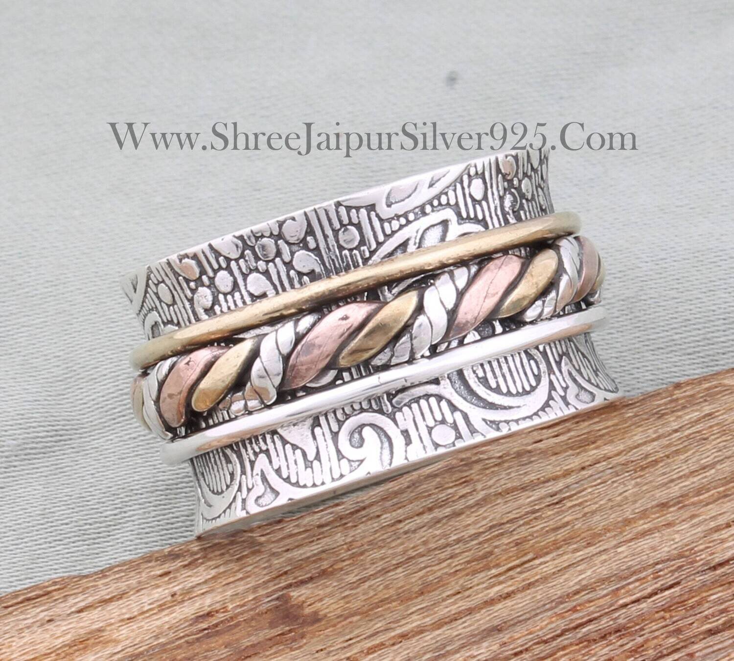 Solid 925 Sterling Silver Carved Twisted Ring For Women, Handmade Three Tone Spinner Ring For Wedding, Silver Worry Anxiety Thumb Ring Gift