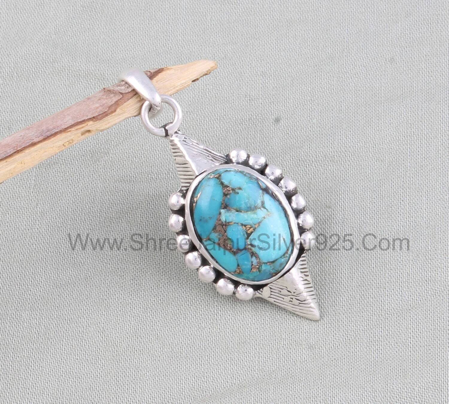 Blue Copper Turquoise Solid 925 Sterling Silver Necklace Pendant For Women, Handmade Engraved Silver Pendant For Wedding Anniversary Gift