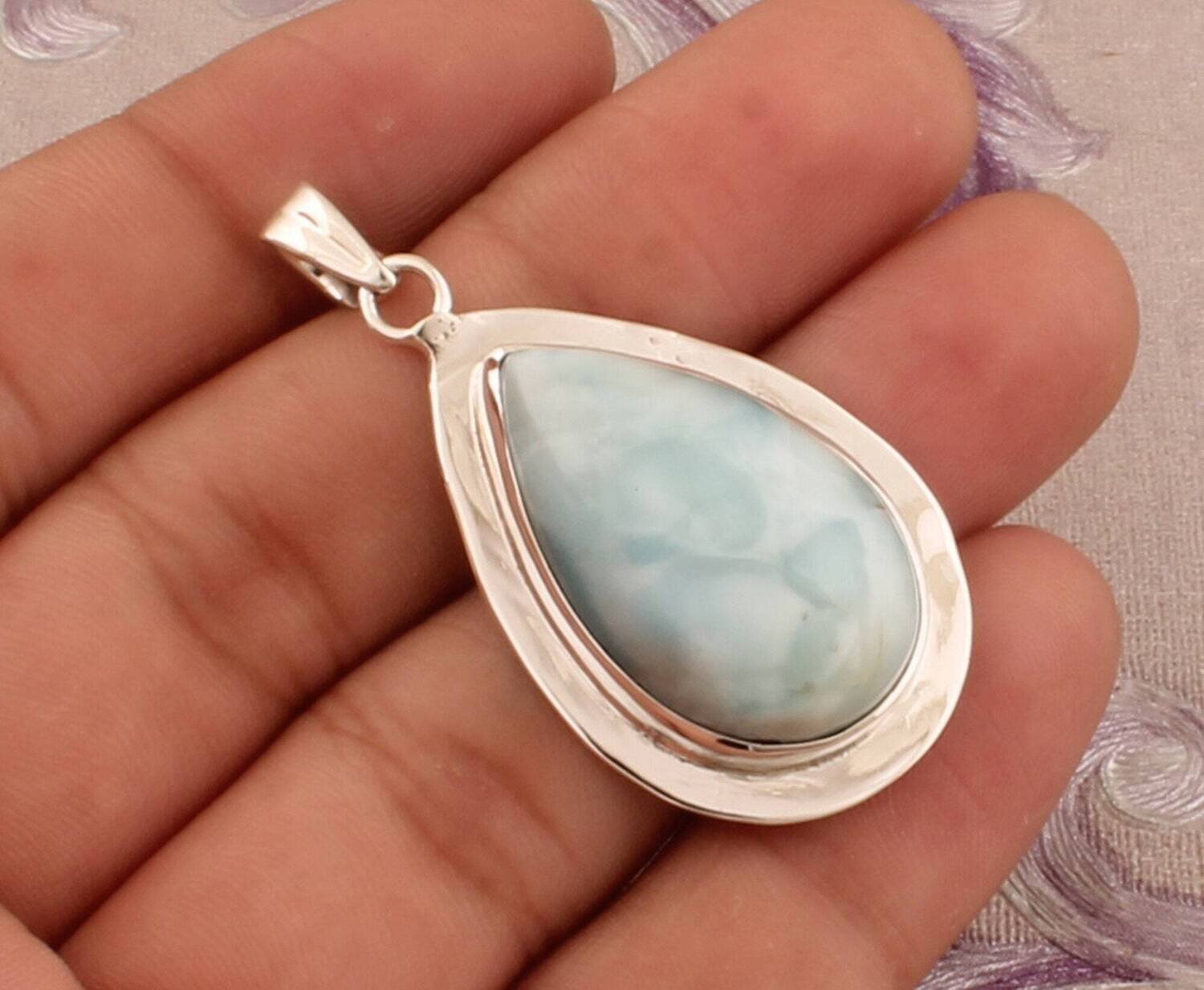 925 Sterling Silver Natural Larimar Necklace Pendant, Boho Larimar Pear Gemstone Silver Pendant, Valentine's Day Gift Idea