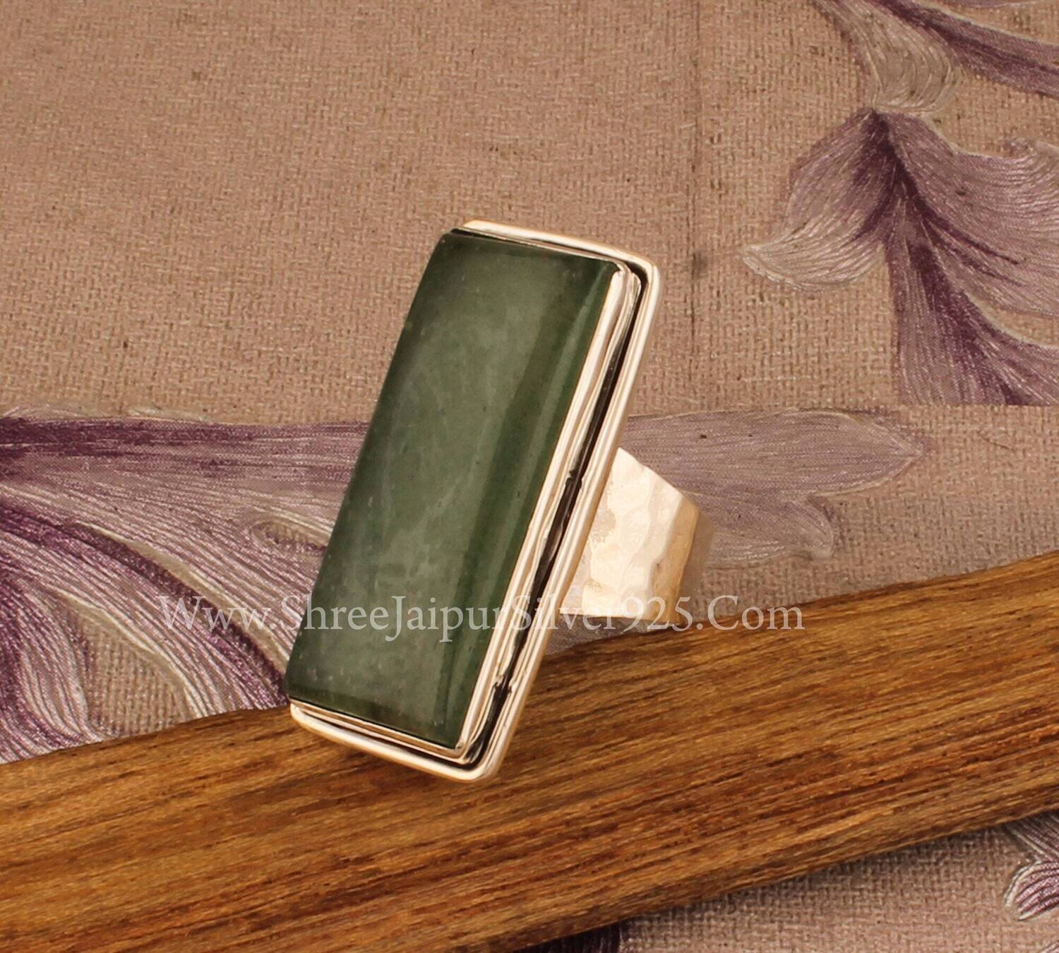 Green Cherry Quartz Solid 925 Sterling Silver Ring For Women, Handmade Hammered Bar Stone Band Ring For Wedding Anniversary Gift For Her