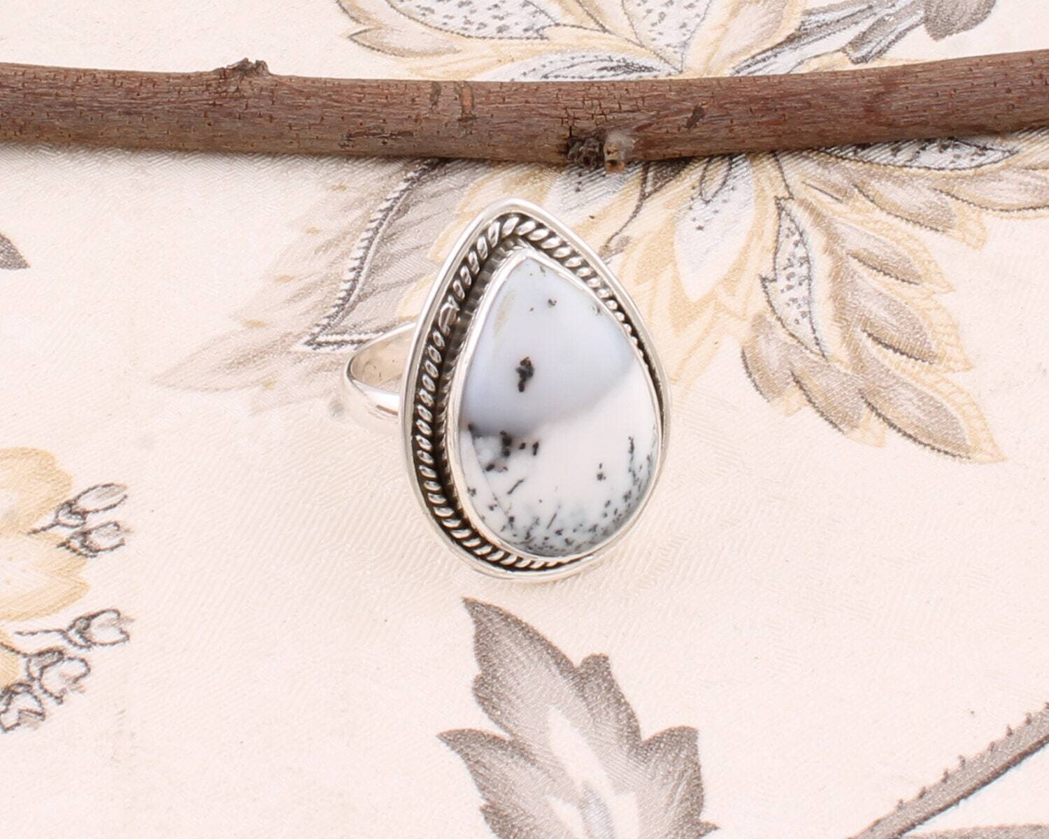 Simple Ring Solid 925-Sterling Silver Ring With Natural Dendrite Opal Gemstone Handcrafted Ring Cabochon Stone Boho Ring Middle Finger Ring