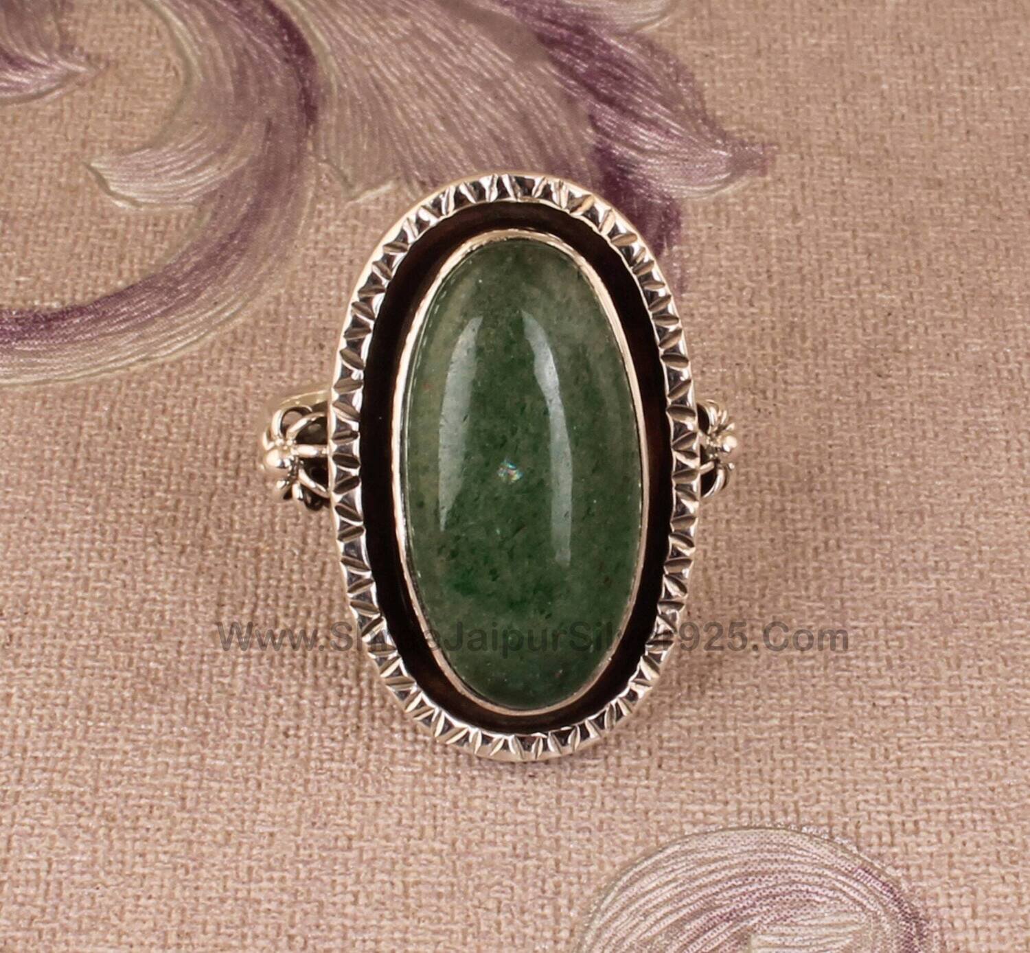 Green Cherry Quartz Solid 925 Sterling Silver Ring For Women, Handmade Flower Textured Oval Stone Ring For Wedding Anniversary Gift For Her