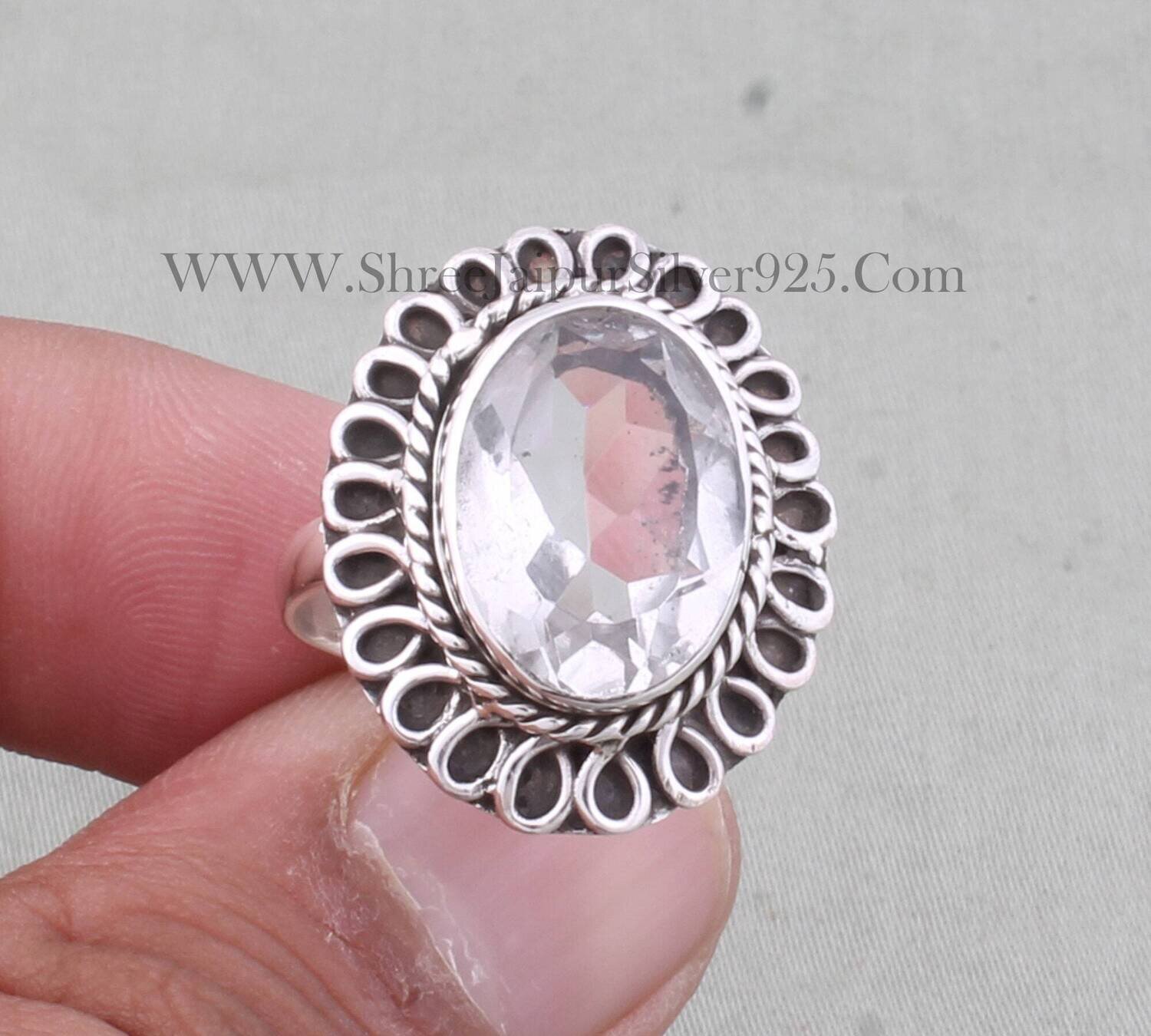 Natural Crystal Quartz Oval Gemstone Ring, 925 Sterling Silver Designer Spiral Silver Ring, Handmade Crystal Ring, Engagement Ring For Women