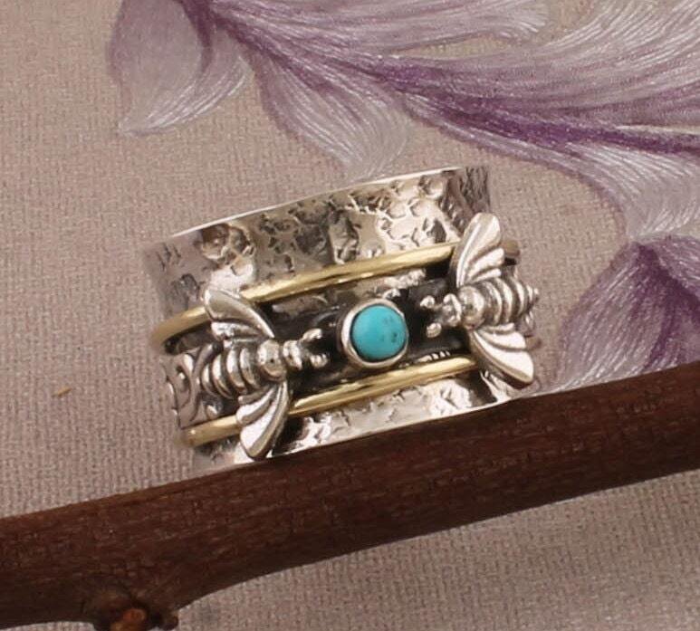 Sleeping Beauty Turquoise Gemstone Spinner Ring,925-Sterling Silver Ring,Antique Silver Ring,Two Tone Spinner Ring Thumb RingBirthstone