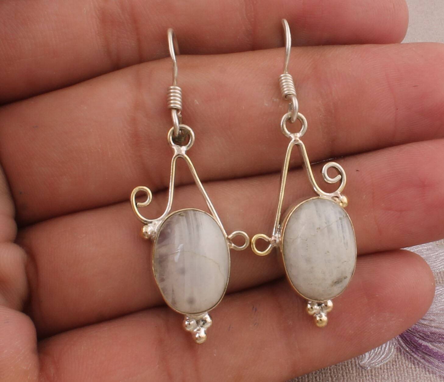 Rainbow Moonstone Gemstone Earring,Cabochon Fire Stone Earring 925-Sterling Silver Earring, June Birth Stone Earring, Women's Earring