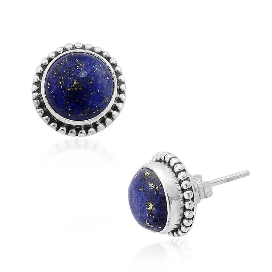 Natural Lapis Gemstone Studs Earring Cabochon Opaque Stone Boho Earring 925-Antique Solid Silver  Earring ,Small Size Earring,Gift Earring