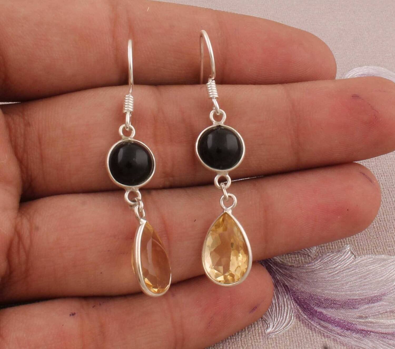 Combo Gemstone Earring Black Onyx+Citrine Gemstone Earring 925-Sterling Silver Earring Big Size Two Stone Earring Gift For Her Earring