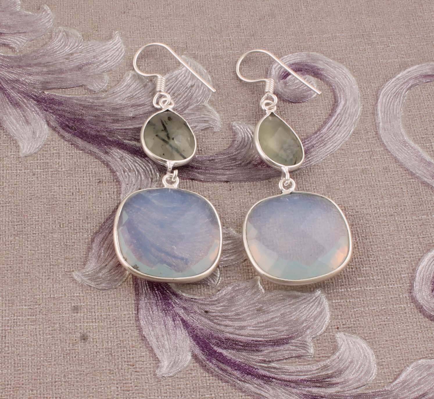 Combo Gemstone Earring Moonstone+Prehnite Gemstone Earring 925-Sterling Silver Earring Big Size Two Stone Earring Long Gift EarringCyber2021