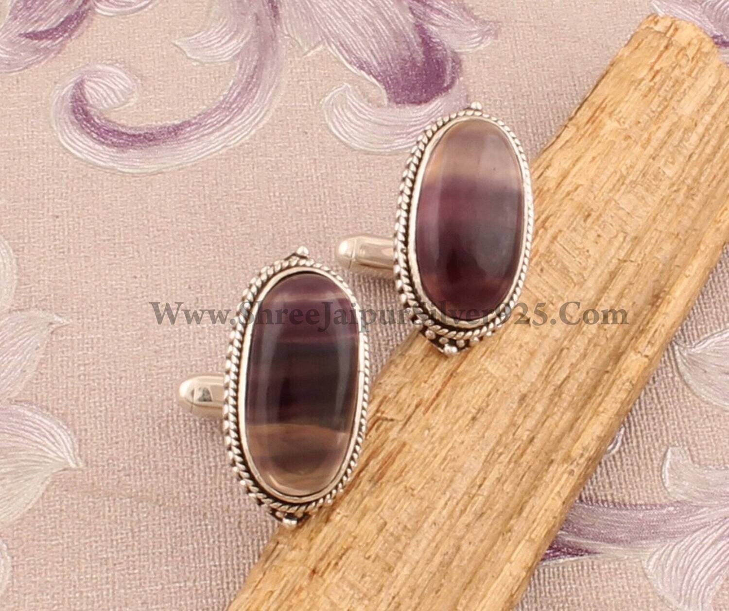 Natural Fluorite Silver Cufflink, Men's Jewelry 925 Sterling Silver Cuff link, Oval Gemstone Cufflink, Handmade Stone Cufflink, Gift For Him