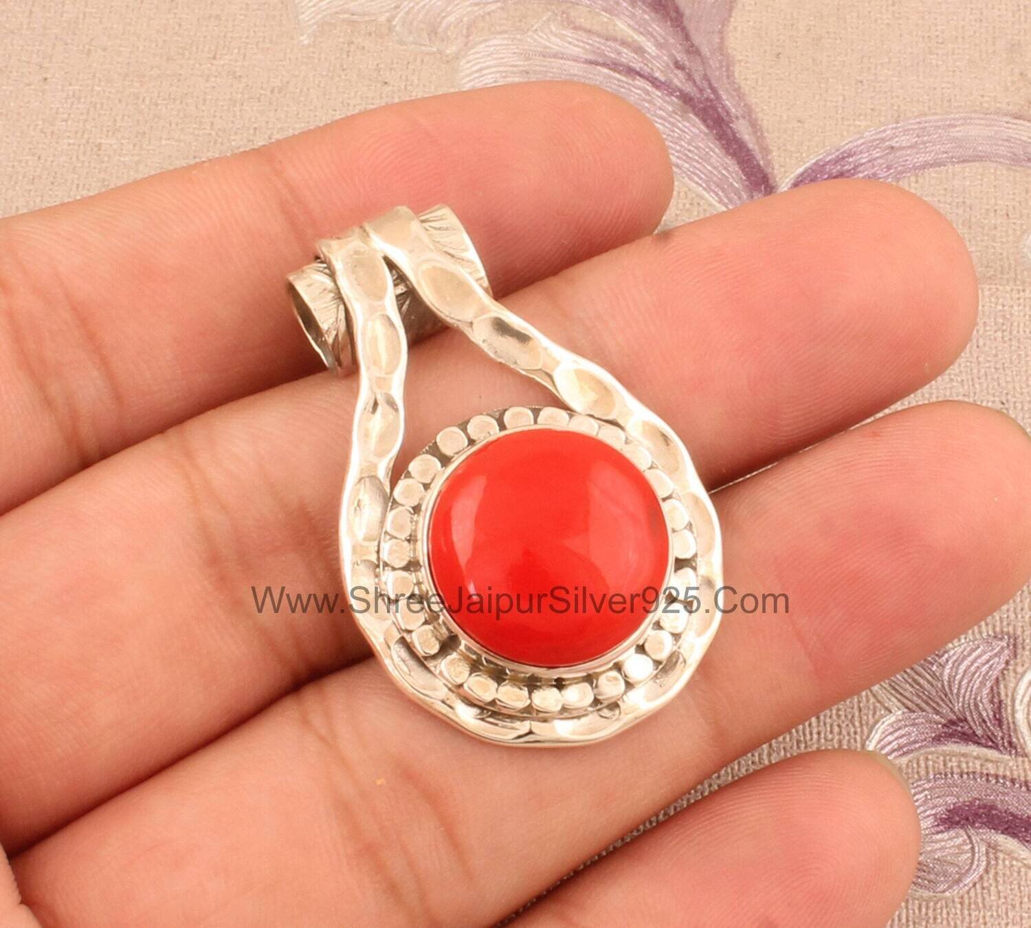 Red Coral Round Solid 925 Sterling Silver Necklace Pendant For Women, Handmade Hammered Silver Pendant For Wedding Anniversary Gift For Her