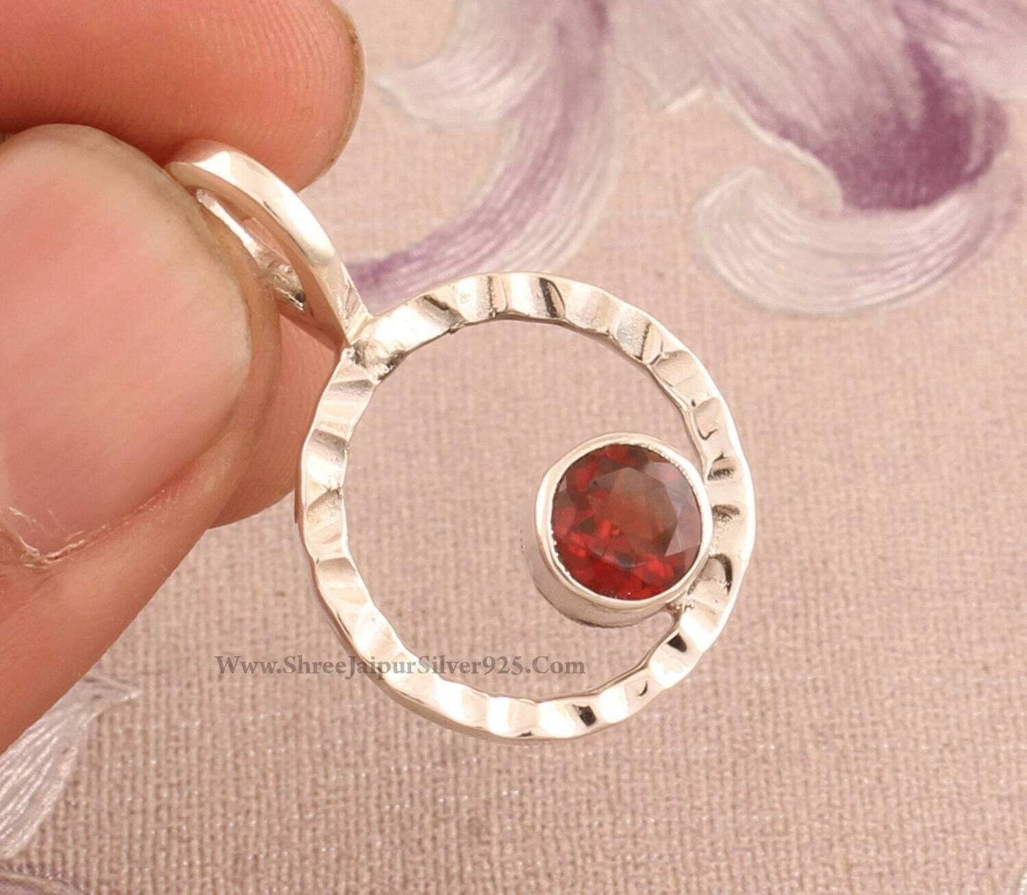 Red Garnet Quartz Stone Necklace Pendant, 925 Sterling Silver Round Gemstone Silver Pendant, Hammered Pendant, Bridal Wedding Jewelry, Gift