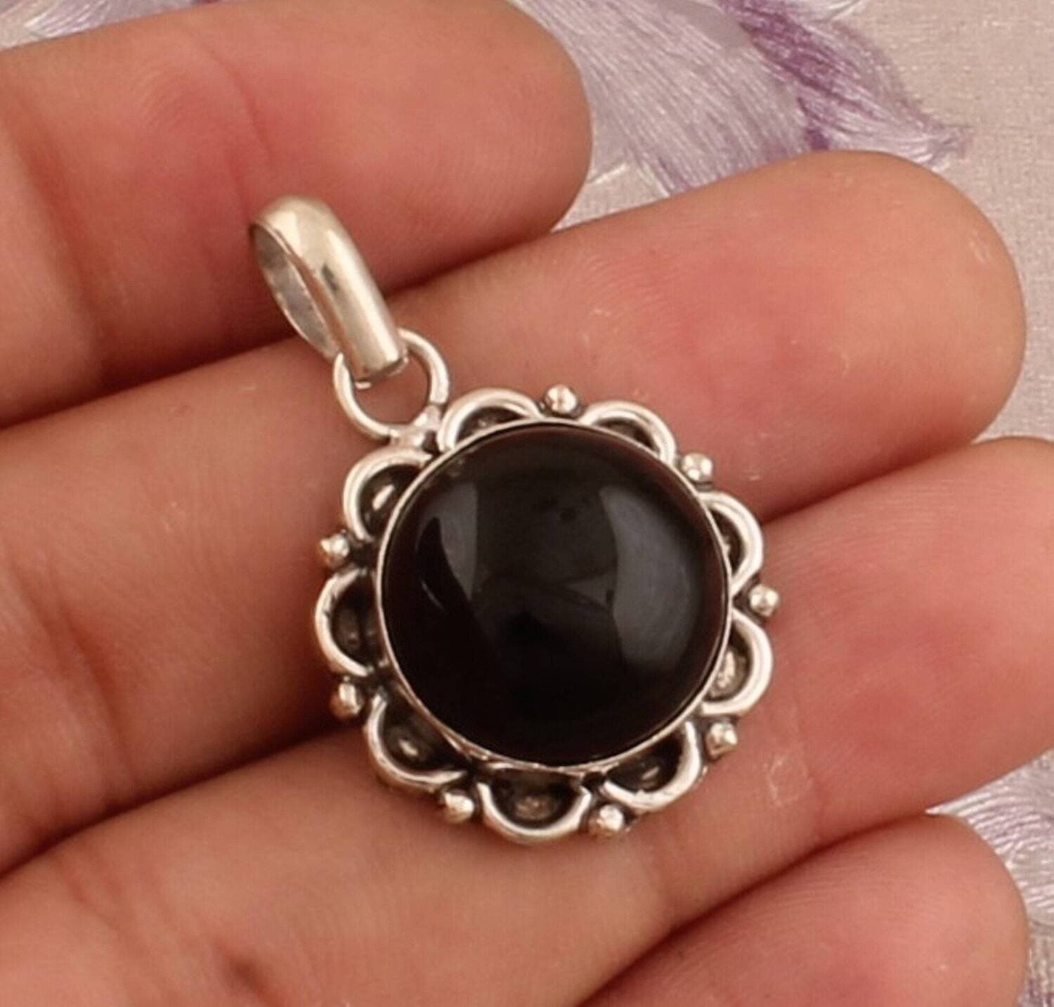 Black Onyx Silver Pendant, 925 Sterling Silver Pendant, Round Gemstone Pendant, Designer Onyx Pendant, Handmade Pendant, Christmas Gift Idea