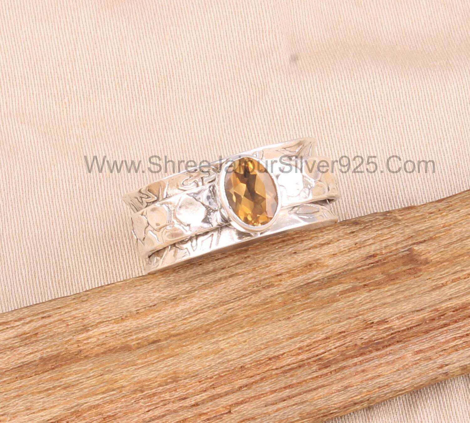 Citrine Natural Gemstone Solid 925 Sterling Silver, Handmade Carved Silver Band Ring, Boho Citrine Worry Rings, Anxiety Ring For Gift