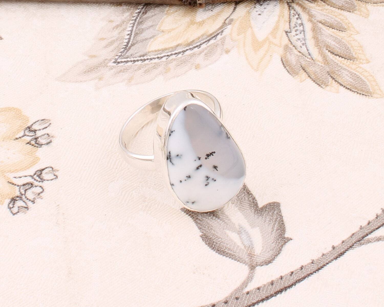 Simple Ring Solid 925-Sterling Silver Ring With Natural Dendrite Opal Gemstone Handcrafted Ring Cabochon Stone Boho Ring Middle Finger Ring