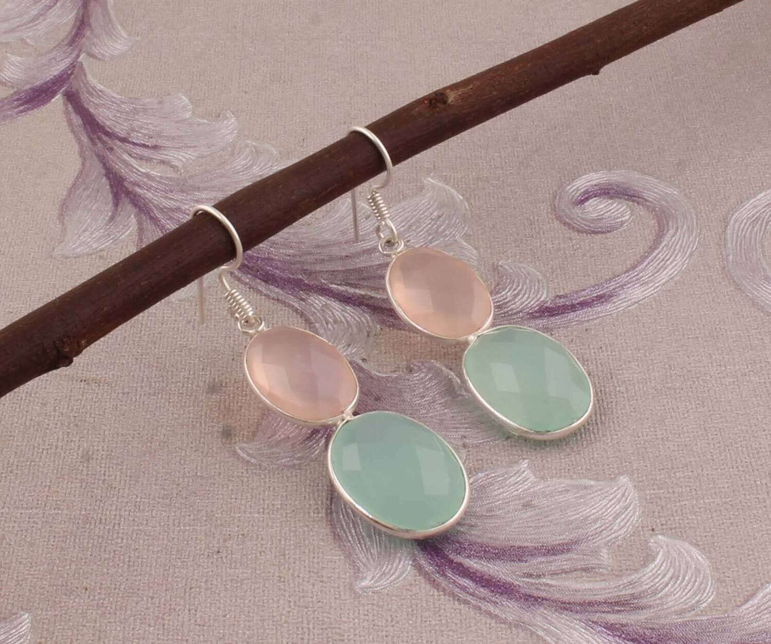 Combo Gemstone Rose Quartz+Aquacalci Gemstone Earring 925-Sterling Silver Earring Big Size Two Stone Earring Long Gift EarringCyber2021