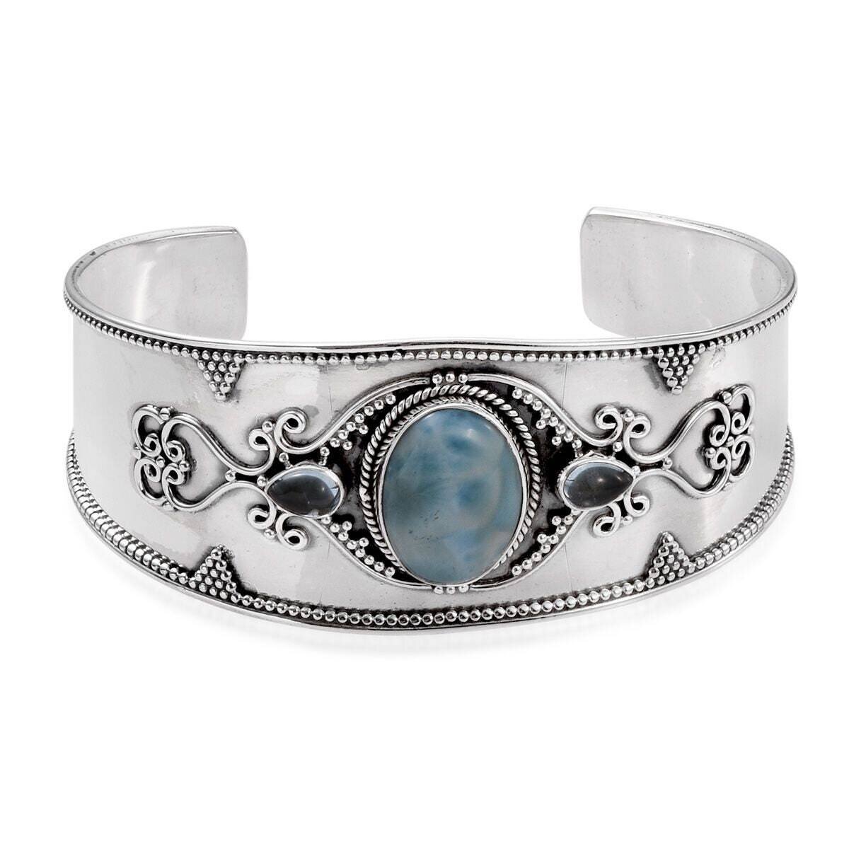 Christmas Gift ! 925- Sterling Silver Solid Bangle With Natural Larimar Gemstone Bangle Handmade Boho Bangle (Simple Bangle ) Antique Silver