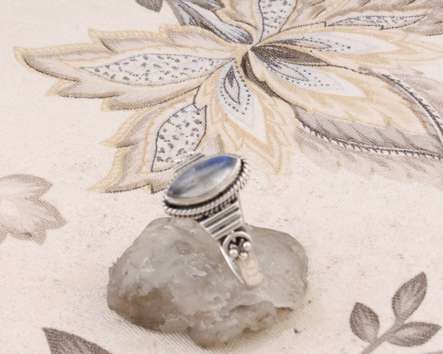 Handcrafted Ring With Natural Rainbow Moonstone Gemstone Ring Cabochon Stone Boho Ring 925-Sterling Solid Silver Ring Gift For You !