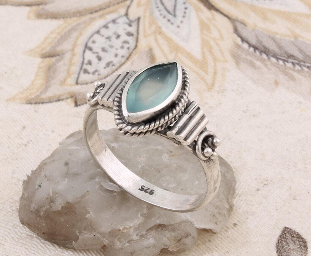 Handcrafted Ring With  aqua Onyx Gemstone Ring Cut Transparency Stone Boho Ring 925-Sterling Solid Silver Ring Gift For You !Cyber2021