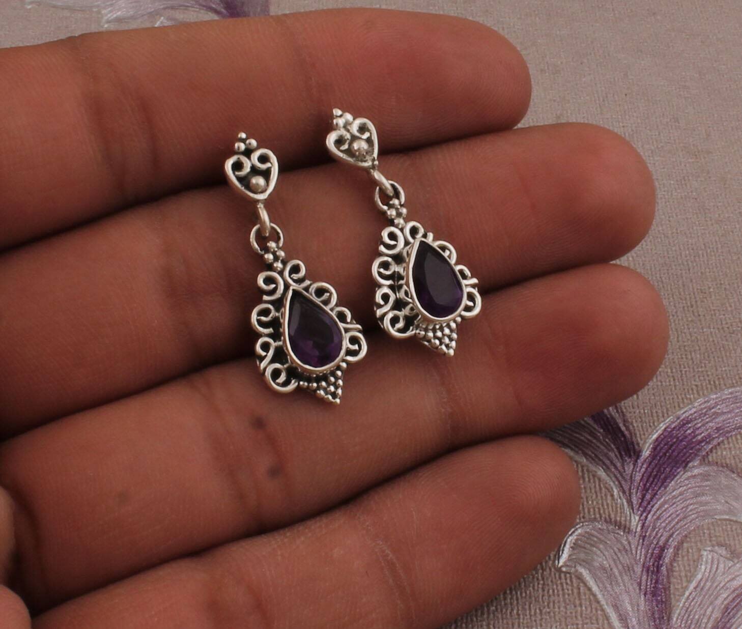 Top Quality Amethyst Gemstone Earring With Handcrafted Charm Boho Earring 925-Sterling Solid Silver Earring Antique Silver Earring For Mom