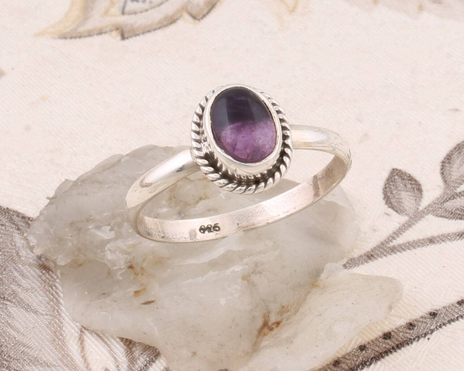 Gift For You ! Solid 925-Silver Solid Sterling Ring With Natural Amethyst Gemstone Ring Cabochon Stone Boho Ring Middle Finger Ring 281965