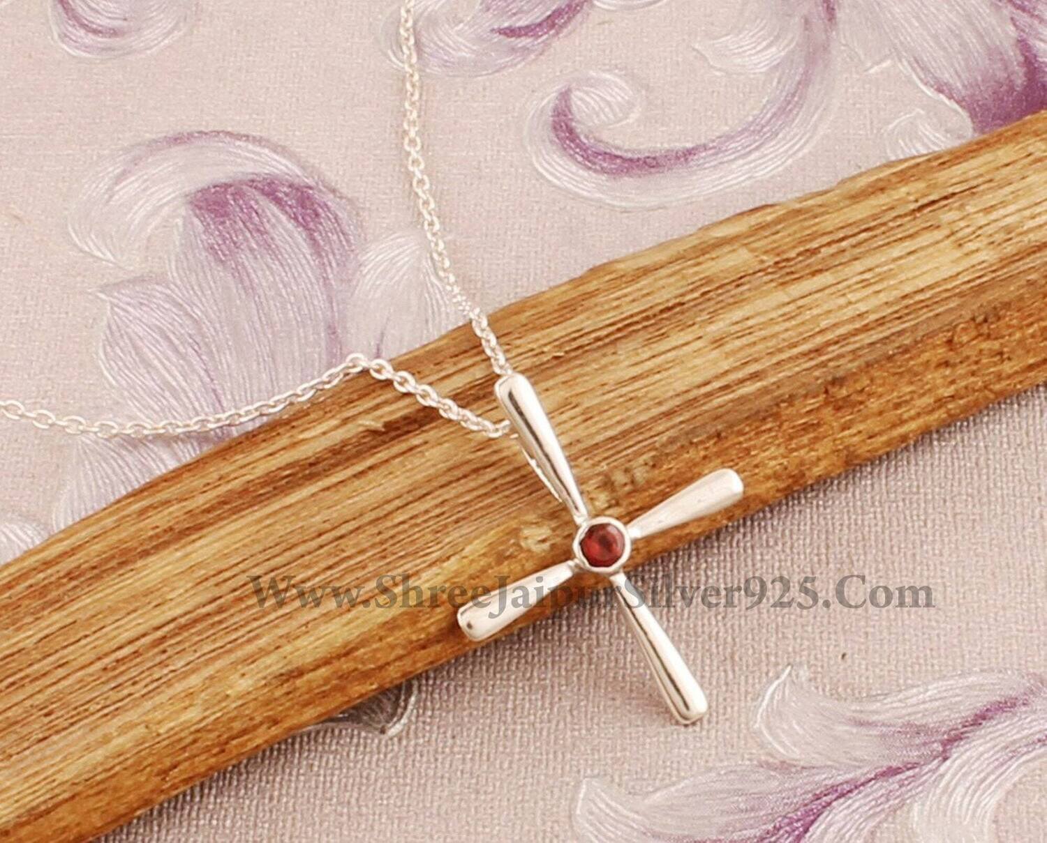 Natural Garnet Cross Pendant, 925 Sterling Silver Pendant, Cross Pendant, Garnet Gemstone Cross Pendant, Religious Garnet Cross Pendant