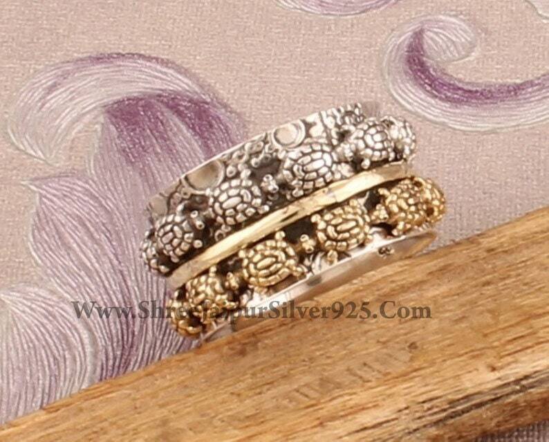 Silver Turtle Spinner ringBirthstone