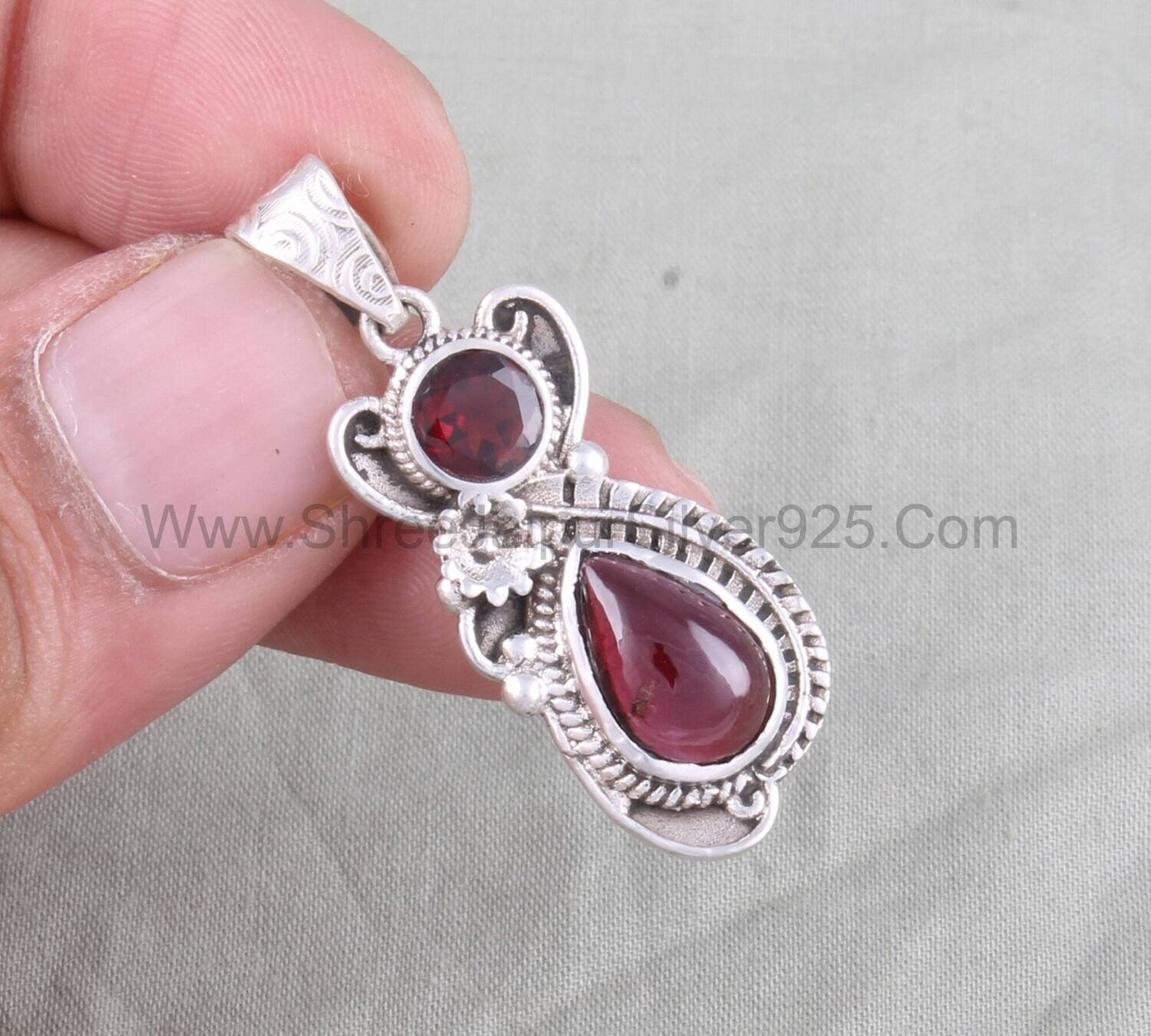 Natural Red Garnet Solid 925 Sterling Silver Necklace Pendant For Women, Handmade Engraved Silver Pendant For Wedding Anniversary Gift Idea