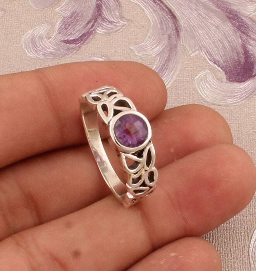 Purple Amethyst Silver Ring, 925 Sterling Silver Round Gemstones Ring, Designer Filigree Silver Ring, Handcrafted Engagement Ring, Gift Idea