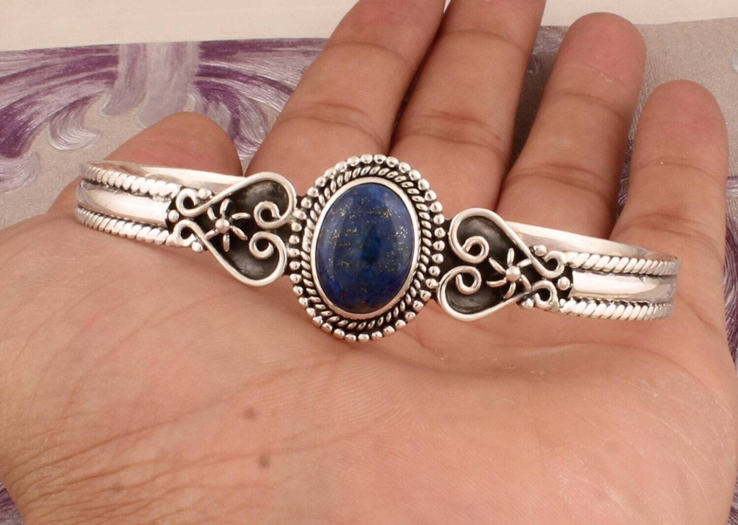Christmas Gift ! 925- Sterling Silver Solid Bangle With Natural Lapis Gemstone Bangle Handmade Boho Bangle (Simple Bangle ) Antique Silver