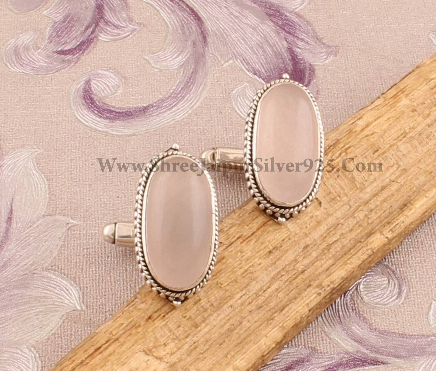 Men's Jewelry Natural Rose Quartz Silver Cufflink, 925 Sterling Silver Cuff link, Oval Gemstone Cufflink, Handmade Cufflink, Gift For Him