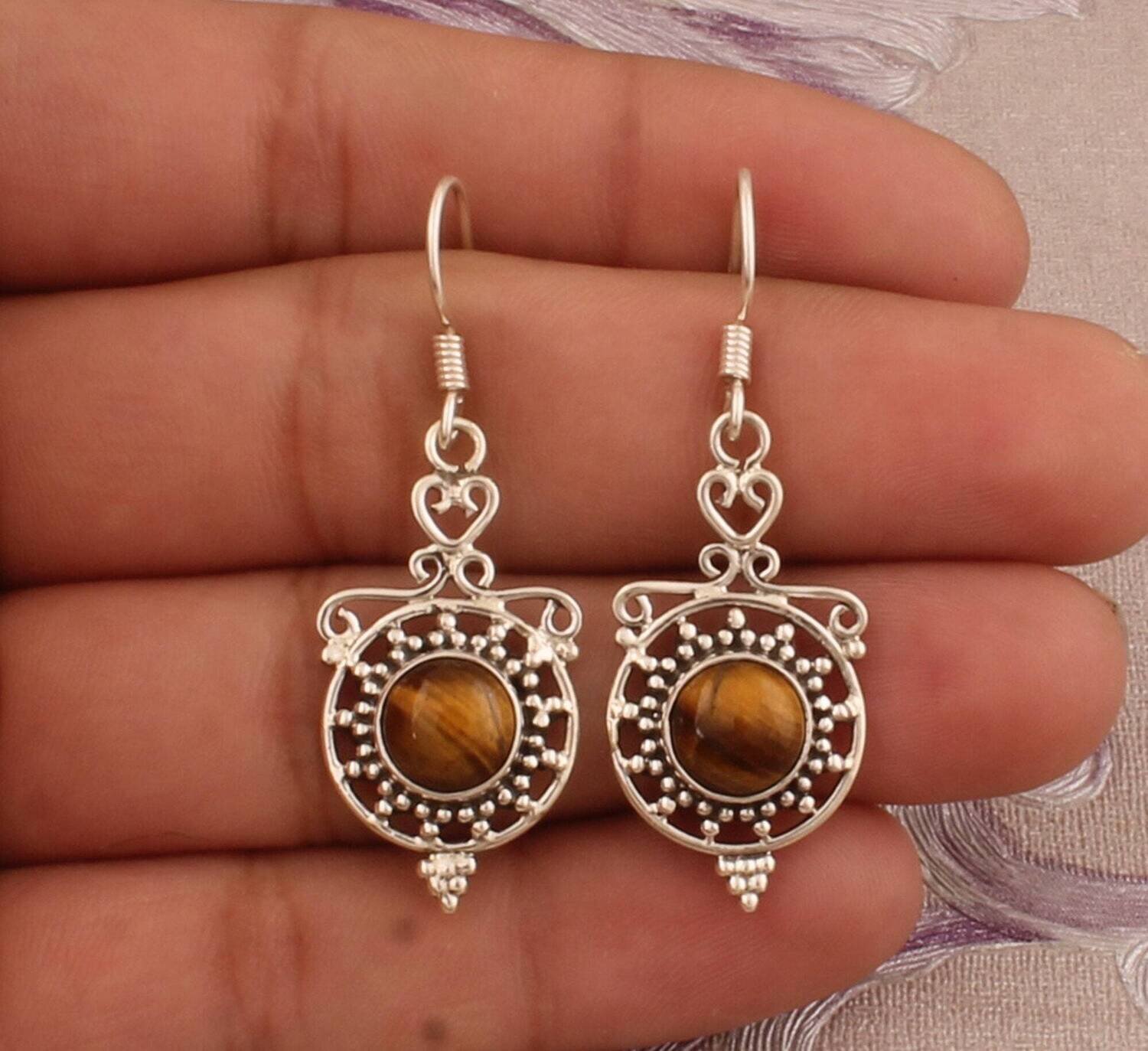 925 Sterling Silver Tiger Eye Earrings, Designer Handmade Round Flower Boho Silver Earrings, Valentine's Day Gift Jewelry, Etsy Cyber 2021