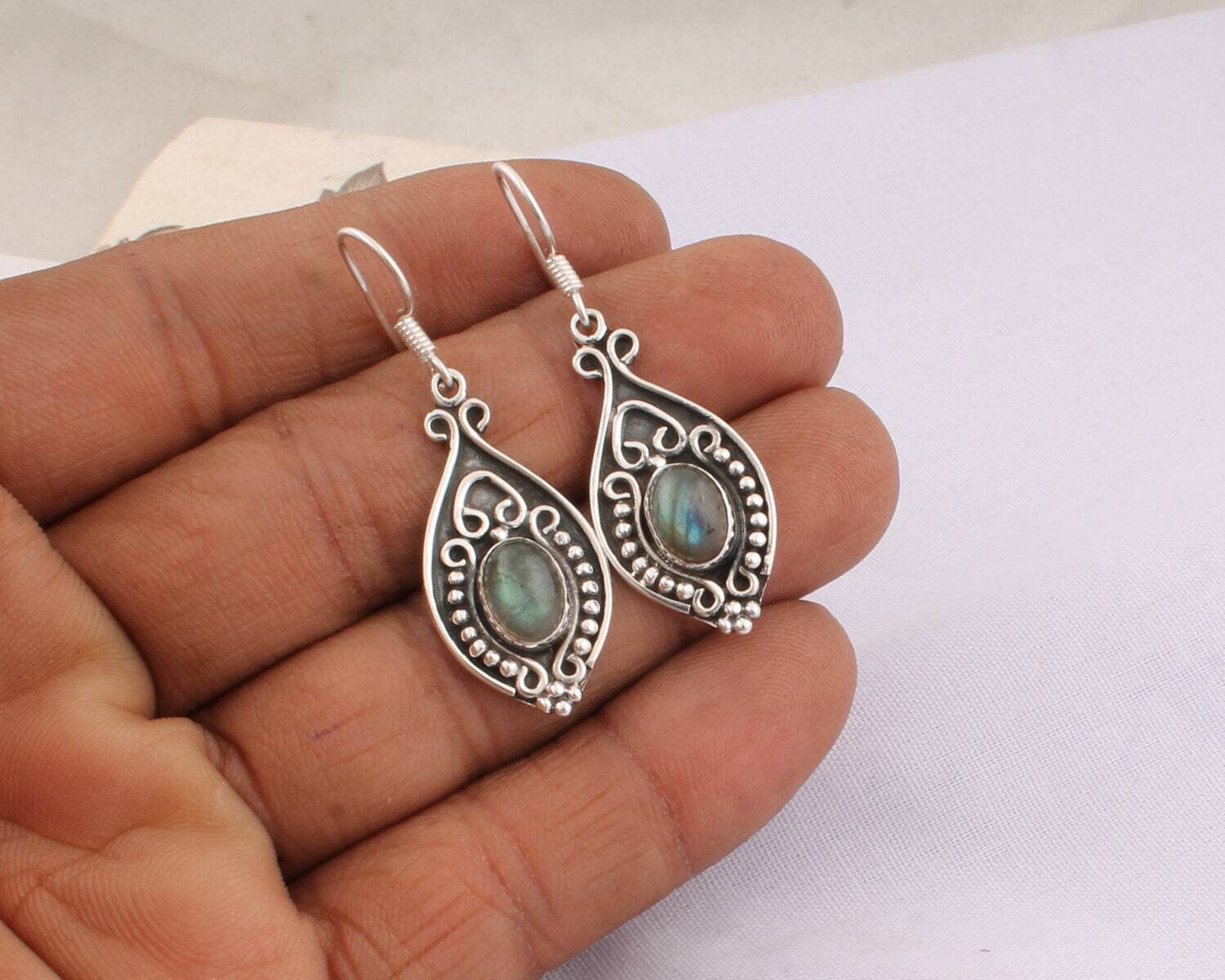 925 Sterling Silver Labradorite Gemstone Earring, Cabochon Stone Boho Earring - 925 Sterling Solid Silver Earring, Handmade Jewelry For Gift