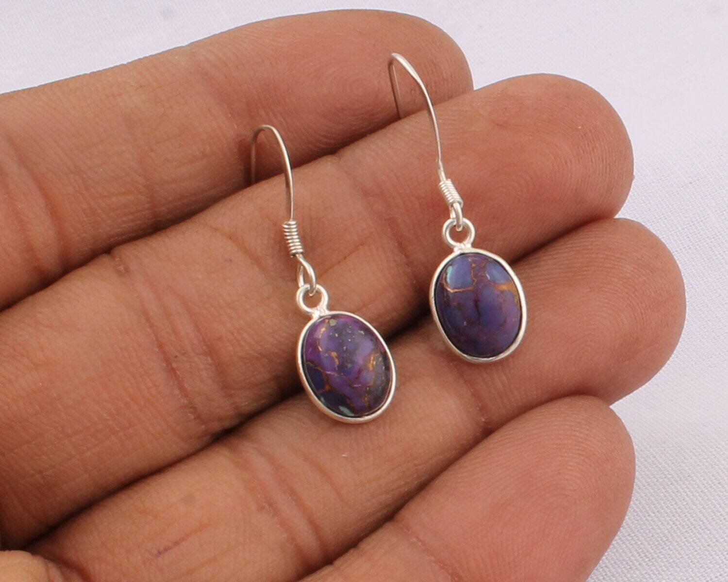 925 sterling Silver Boho Earring Purple Turquoise Gemstone Earring Cabochon Stone Boho Earring 925-Sterling Solid Silver Earring Handmade