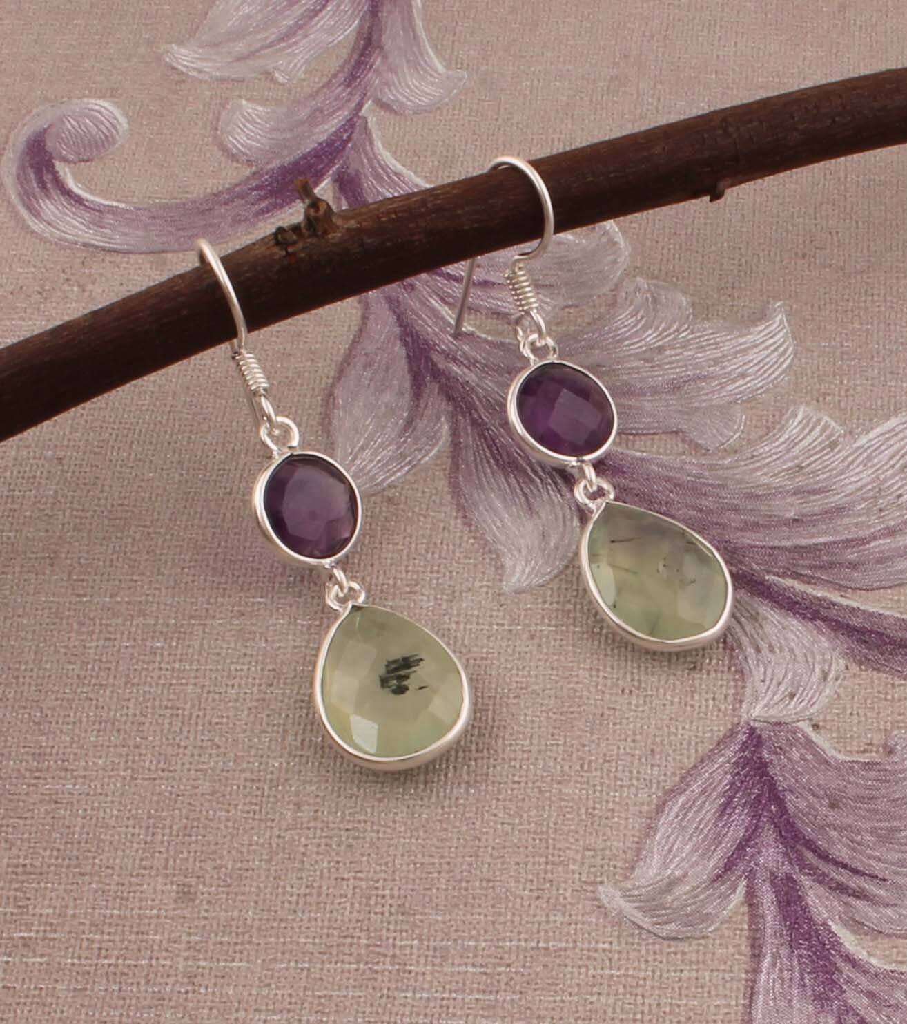 Combo Gemstone Earring Amethyst+Prehnite Gemstone Earring 925-Sterling Silver Earring Big Size Two Stone Earring Long Gift EarringCyber2021