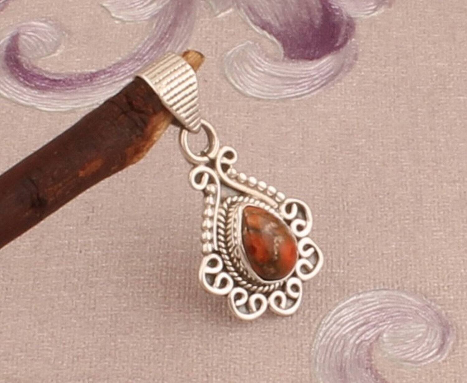 Orange Copper Turquoise Pendant, 925 Sterling Silver Pendant, Designer Pendant, Pear Shape Gemstone Pendant, Handcrafted Pendant, Gift Idea