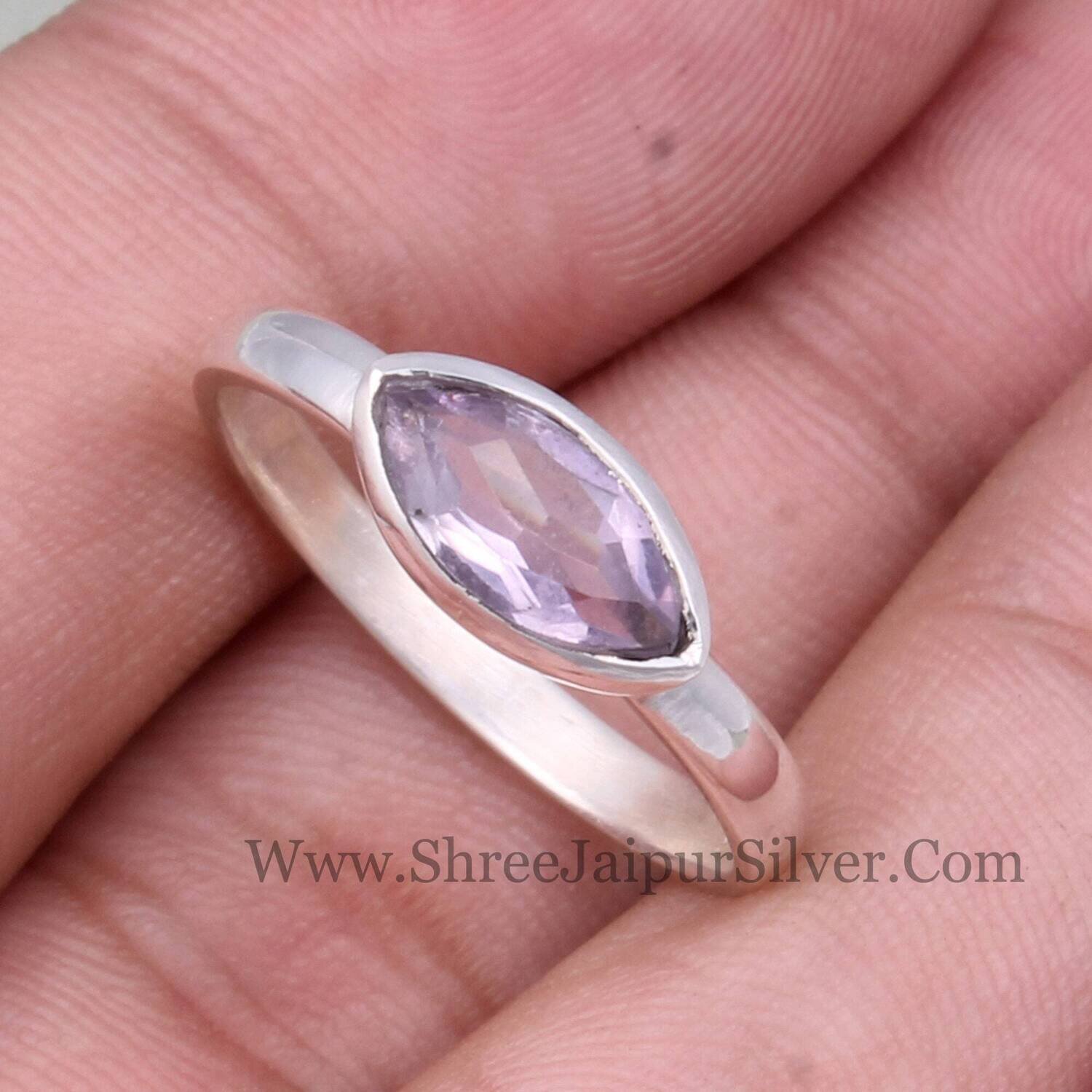 Natural Amethyst Marquise Cut Stone Solid 925 Sterling Silver Ring For Women, Handmade Solid Silver Ring For Wedding Anniversary Gifts Idea