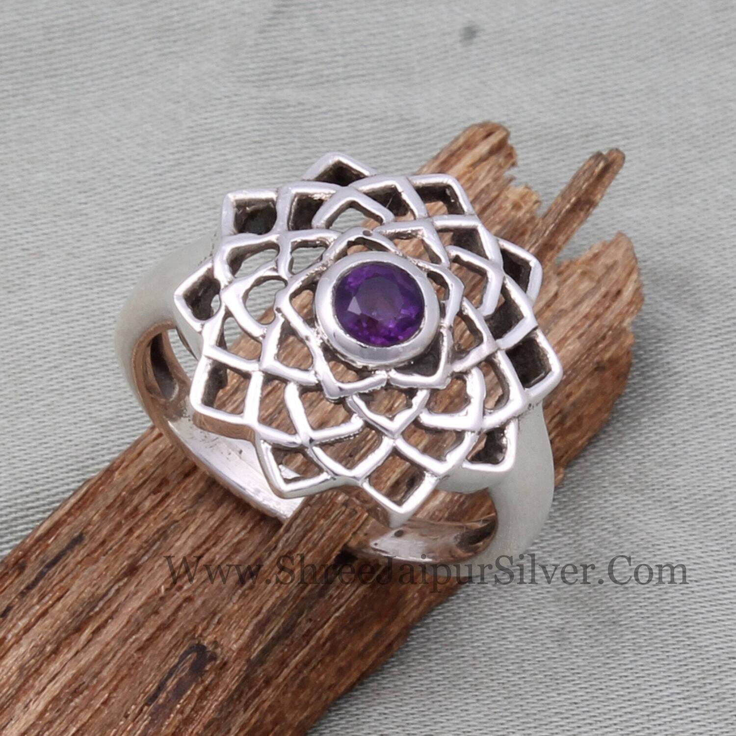 Natural Amethyst Round Cut Work Chakra Solid 925 Sterling Silver Ring For Women, Handmade Healing Flower Ring Gifts For Wedding Anniversary