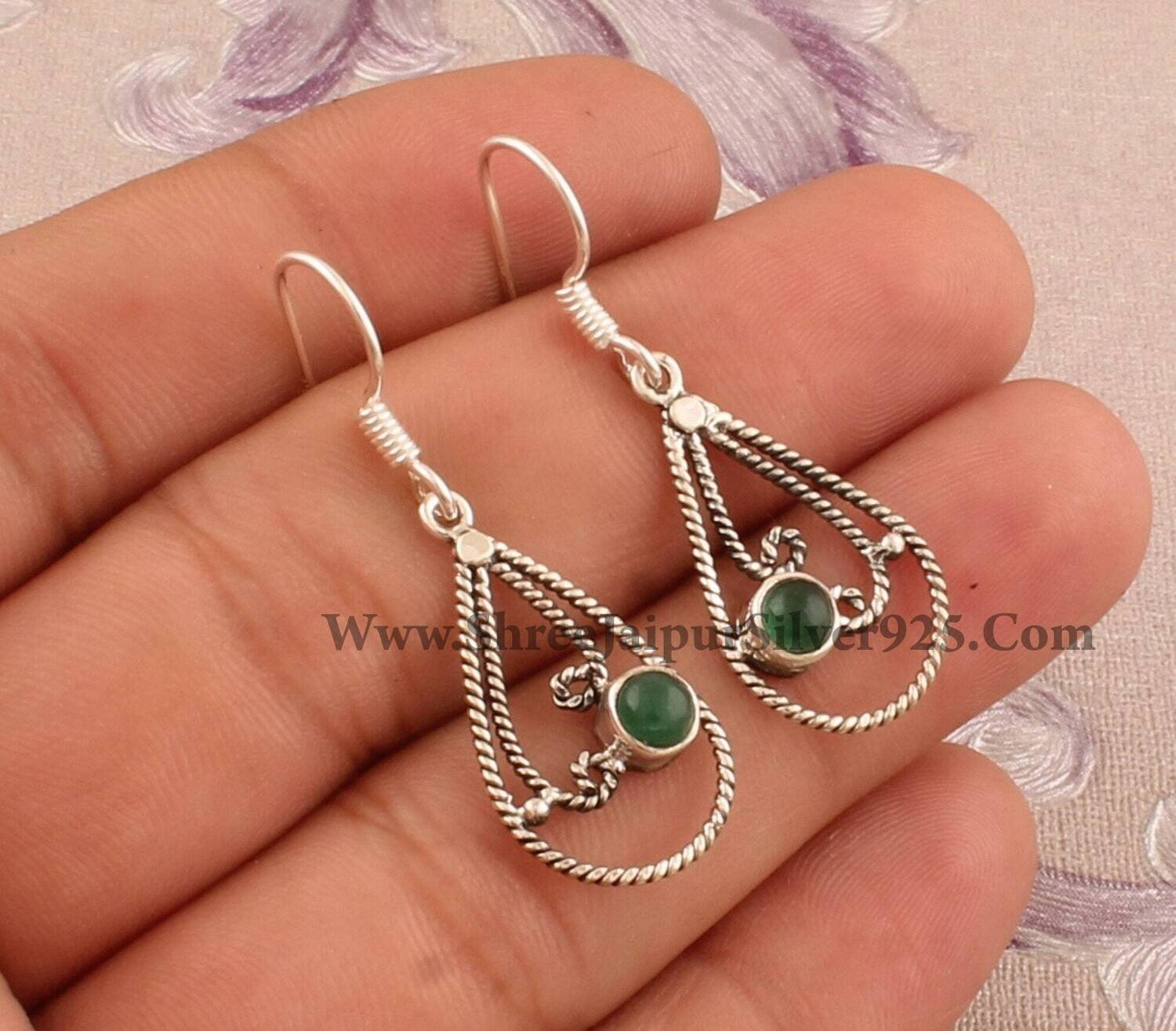 Designer Pear Shape 925 Sterling Silver Green Jade Earrings, Handmade Round Gemstone Silver Earrings, Valentine's Day Jewelry, Gift For her