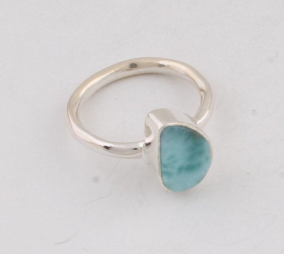 Simple Ring Silver,Solid Ring 925-Silver Sterling Ring Natural Larimar Gemstone Ring Handmade Ring (Ring Finger Ring ) Charm Ring 7Cyber2021