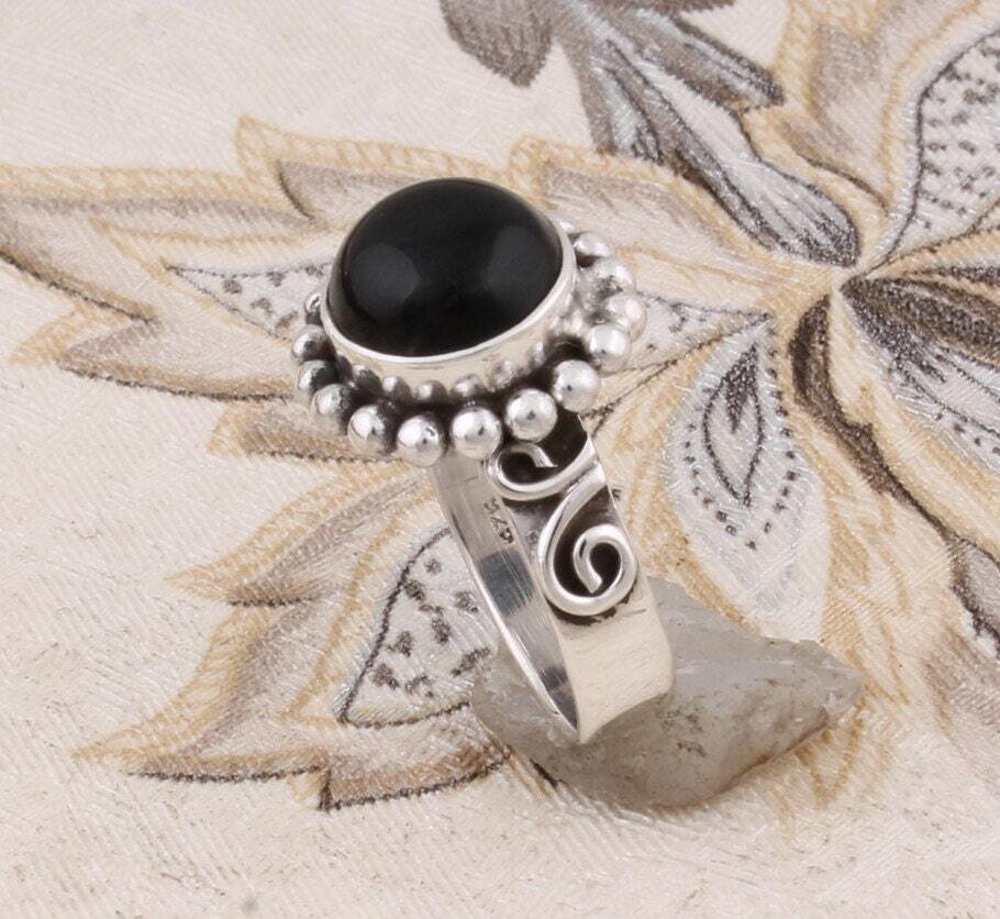 Natural Amazing Black Onyx AAA+Quality Gemstone Handcrafted Ring Opaque Stone Boho Ring 925-Antique Silver Middle Finger Ring L#-282954-R