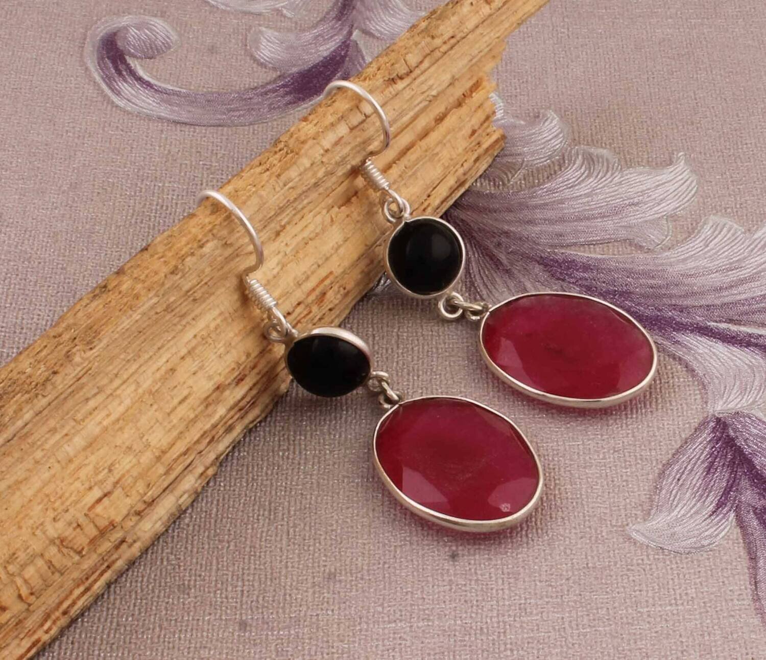 Combo Gemstone Earring Ruby+Black Onyx Gemstone Earring 925-Sterling Silver Earring Big Size Two Stone Earring Gift For Her EarringCyber2021