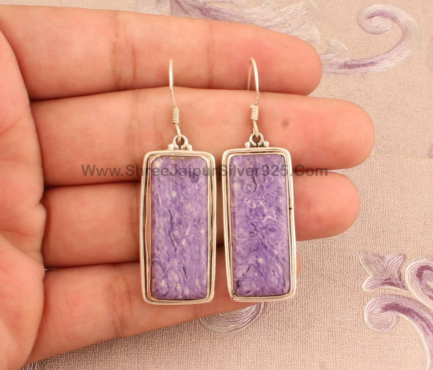 Charoite Rectangle Shape Stone Solid 925 Sterling Silver Earrings For Women, Designer Handmade Silver Earrings For Wedding Anniversary Gift