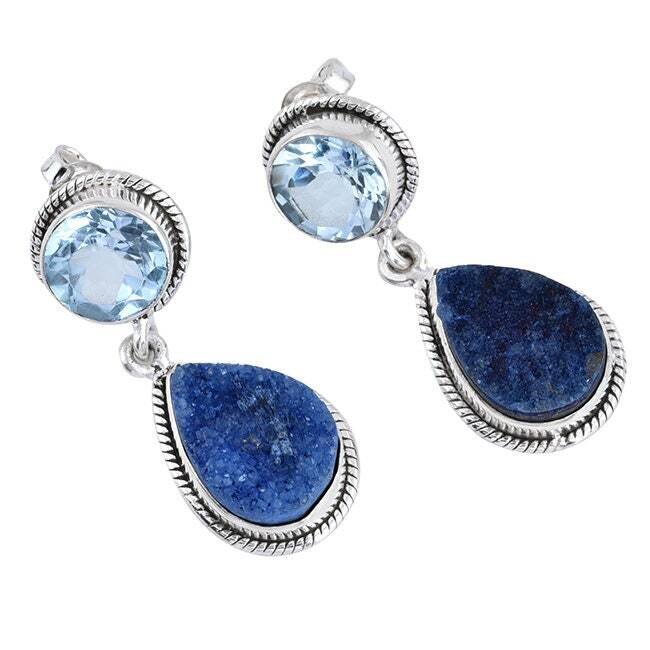 Combo Earring With Blue Topaz+Amethyst Druzy Gemstone Handmade Earring Cut &amp; Carving Stone's Boho Earring 925-Sterling Solid Silver Earring